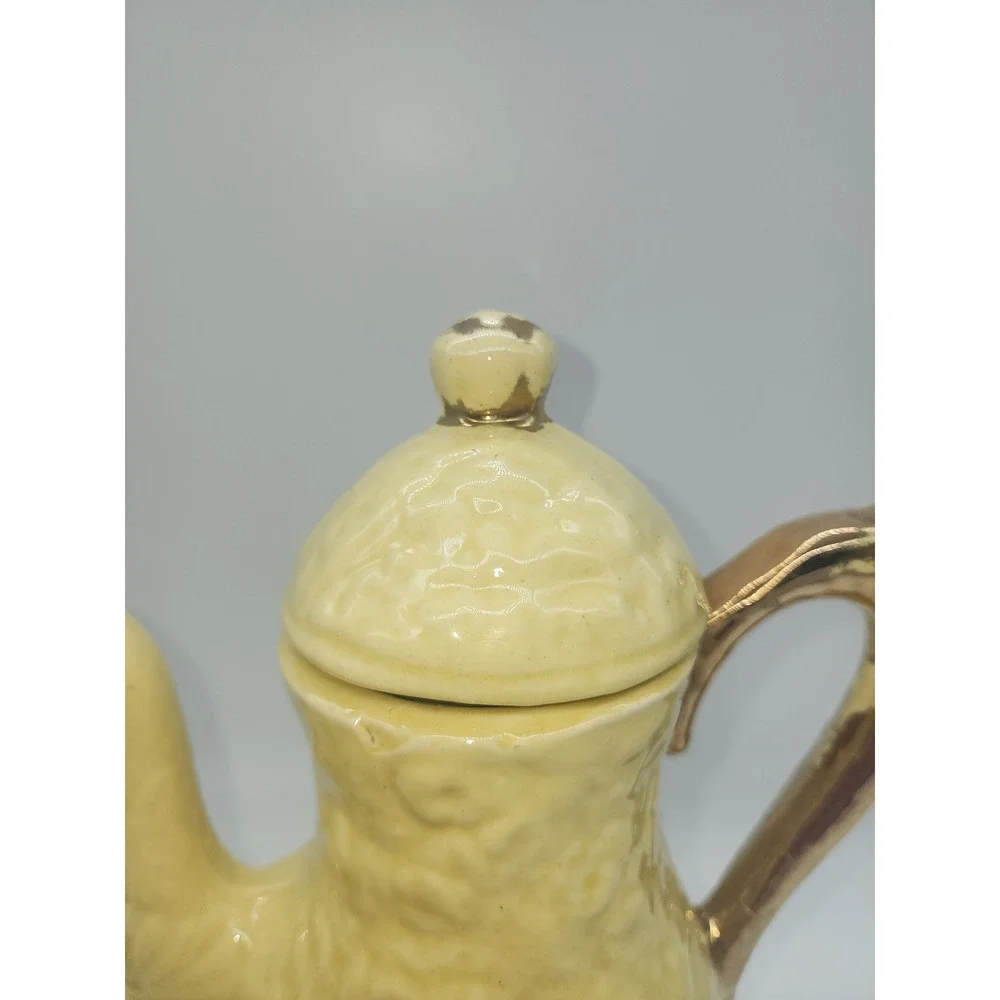 Vintage Yellow Ceramic Tea Set Embossed Floral Gold Trim Teapot Sugar Creamer
